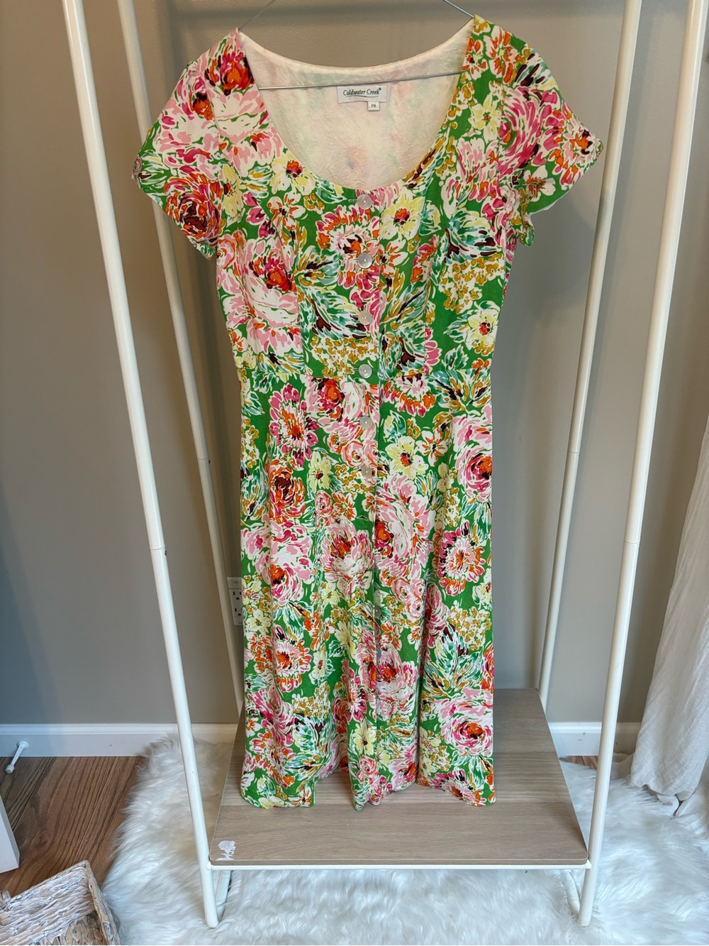 Coldwater Creek Green Floral Midi Dress with Pink Accents